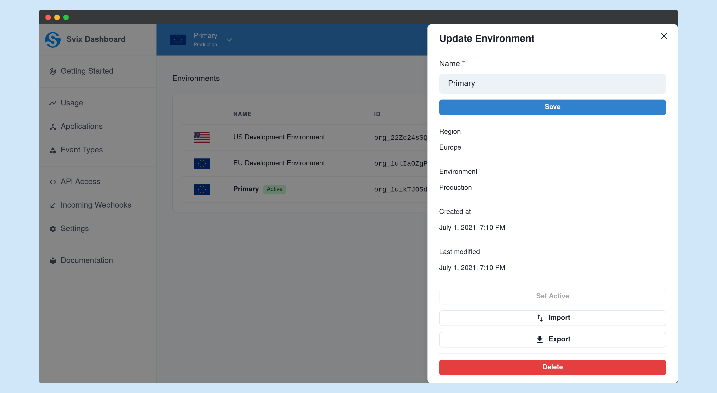 Import and export from an environment